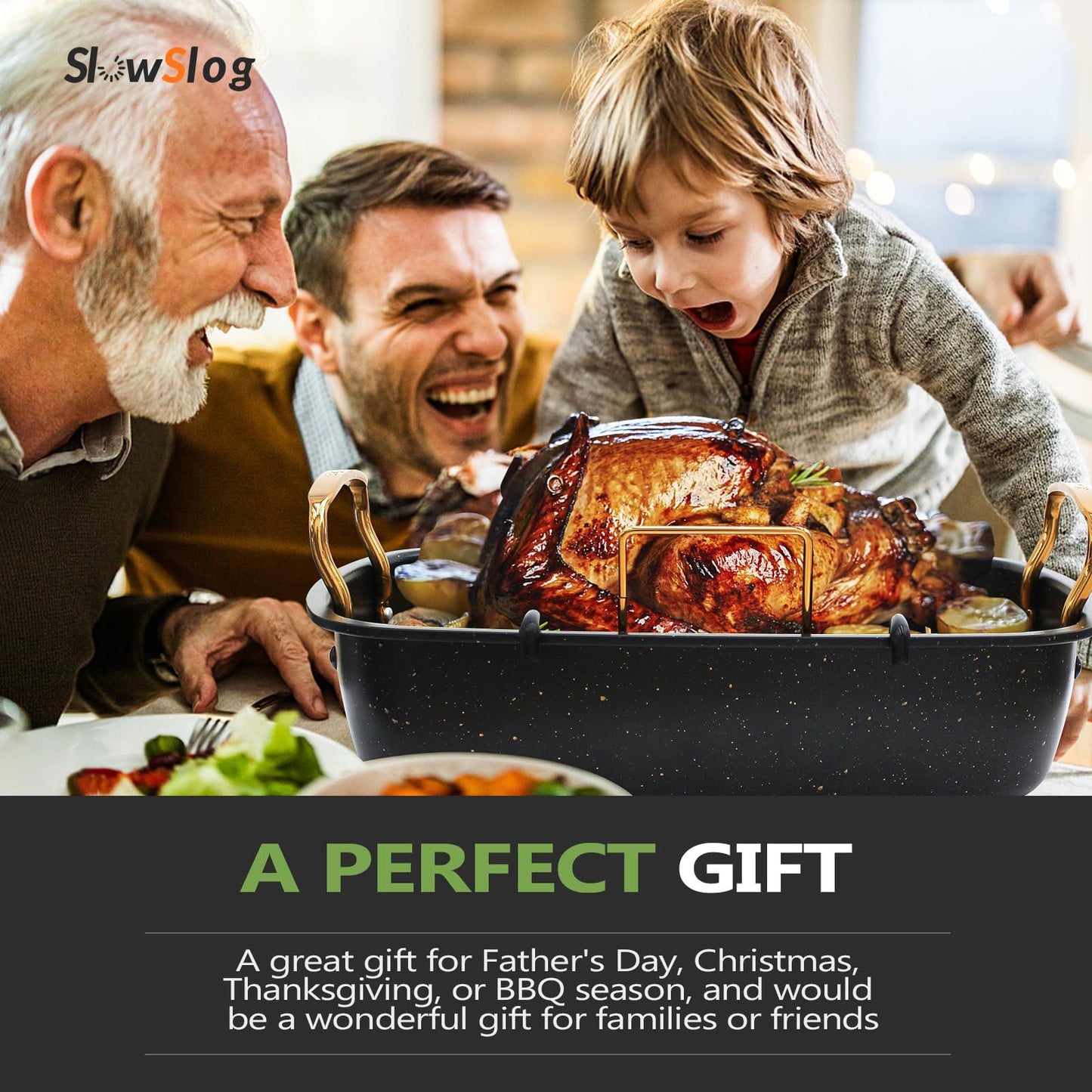 Slow Slog Roasting Pan, 17 Inch x 13 Inch Roaster with Removable Rack, Nonstick Roaster Pan for Roasting Turkey, Meat & Vegetables (Gold) - CookCave