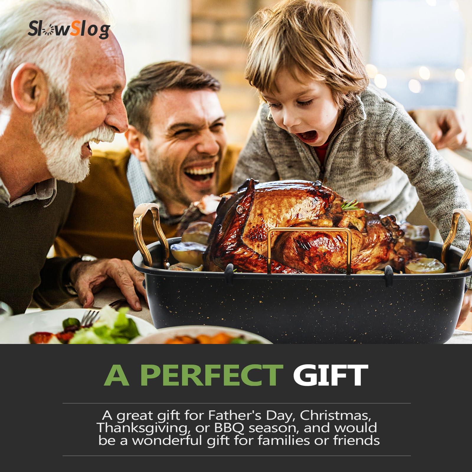 Slow Slog Roasting Pan, 17 Inch x 13 Inch Roaster with Removable Rack, Nonstick Roaster Pan for Roasting Turkey, Meat & Vegetables (Gold) - CookCave