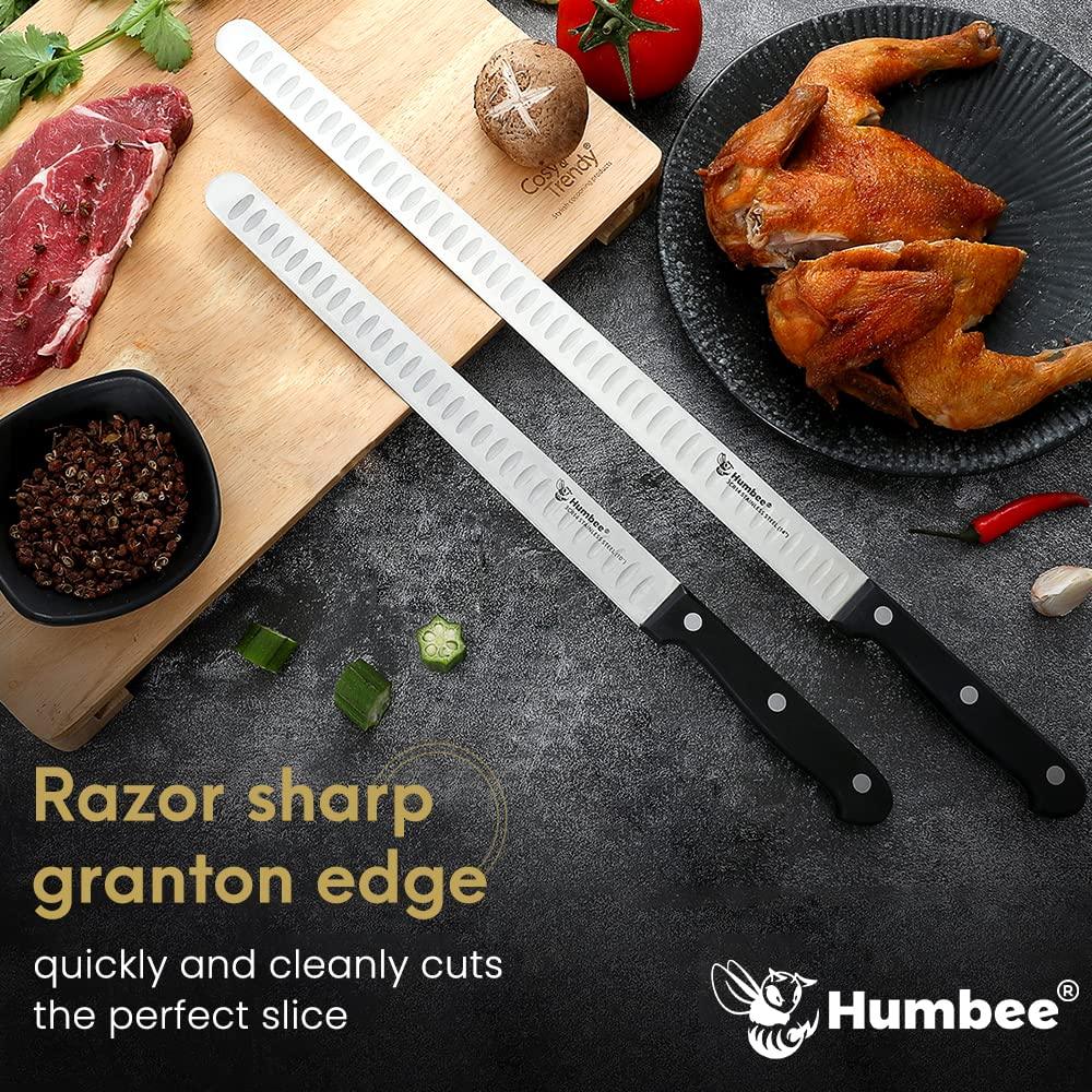 Humbee, Carving Knife and Fork Set, 10 inch Granton Blade with 9 Inch Fork, for Cutting Smoked Brisket, BBQ Meat, Turkey - CookCave