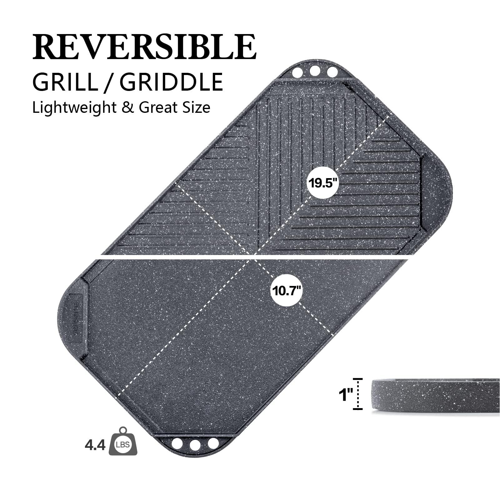 SENSARTE Nonstick Griddle Grill Pan, Reversible Grill & Griddle Pan, Two Burner Cast Aluminum Griddle, Portable for Indoor Stovetop or Outdoor Camping BBQ, 19.5" x 10.7" (Grey) - CookCave