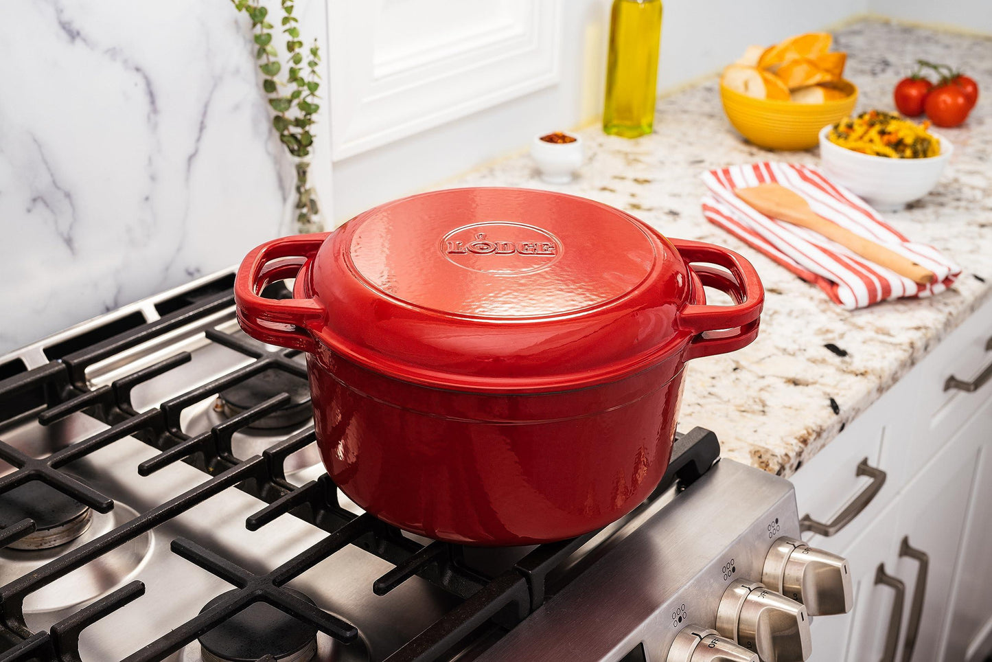 Lodge 7 Quart Essential Enameled Cast Iron Double Dutch Oven- Dual Handles – Lid Doubles as Grill Pan, Oven Safe up to 500° F or on Stovetop - Use to Marinate, Cook, Bake, Refrigerate & Serve – Red - CookCave