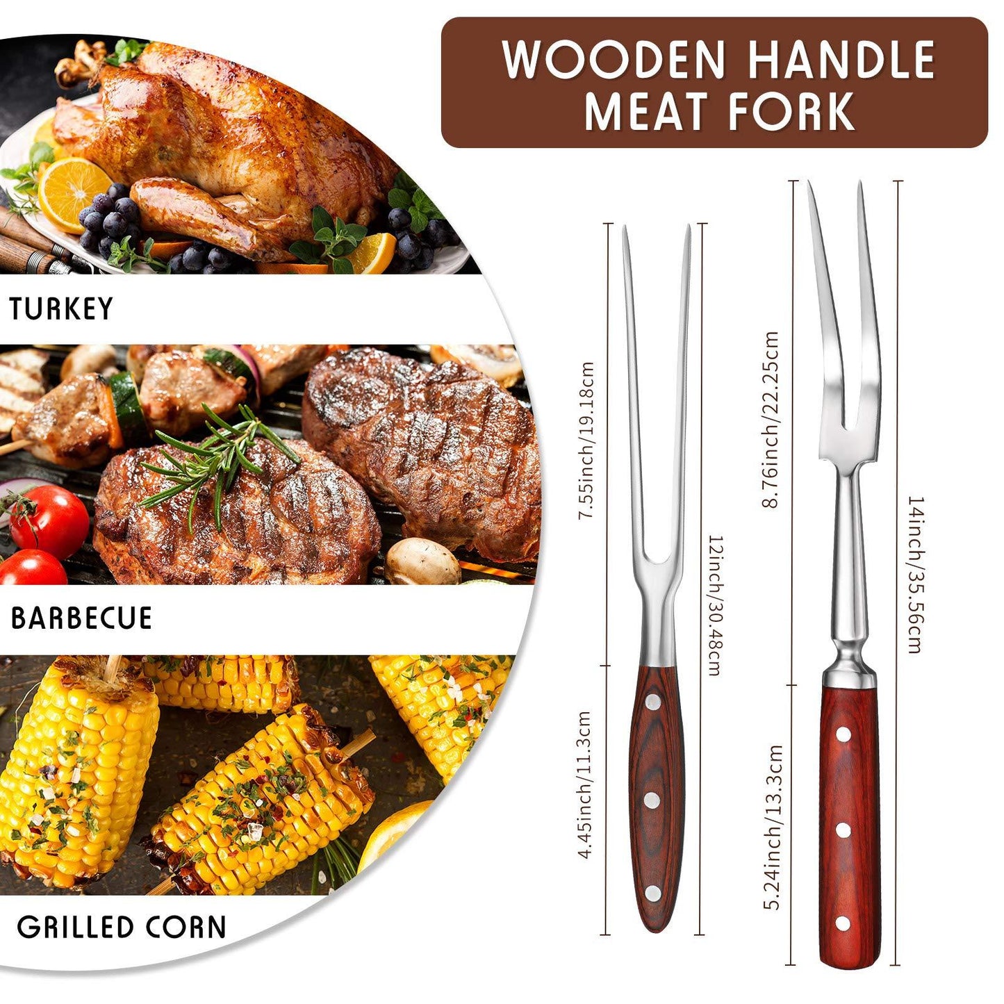 2 Pieces Forged Carving Forks with Color Wooden Handle and Stainless Steel Meat Fork Barbecue Fork for Kitchen Roast (12 Inch, 14 Inch) - CookCave