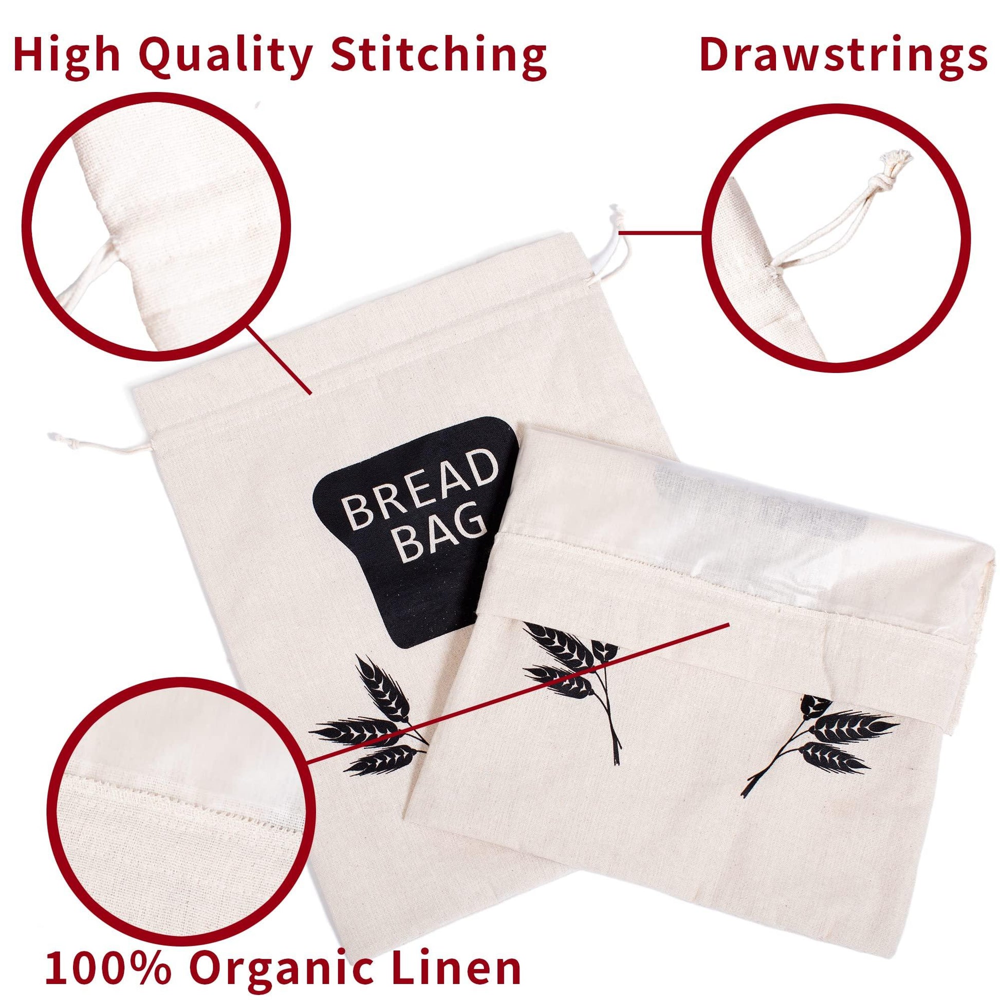 2 X Bread Bags for Homemade Bread - Plastic Lined, Reusable Linen Cloth Saver Bag For Sourdough & Homemade Bread Storage - 17" x 13" XL - CookCave