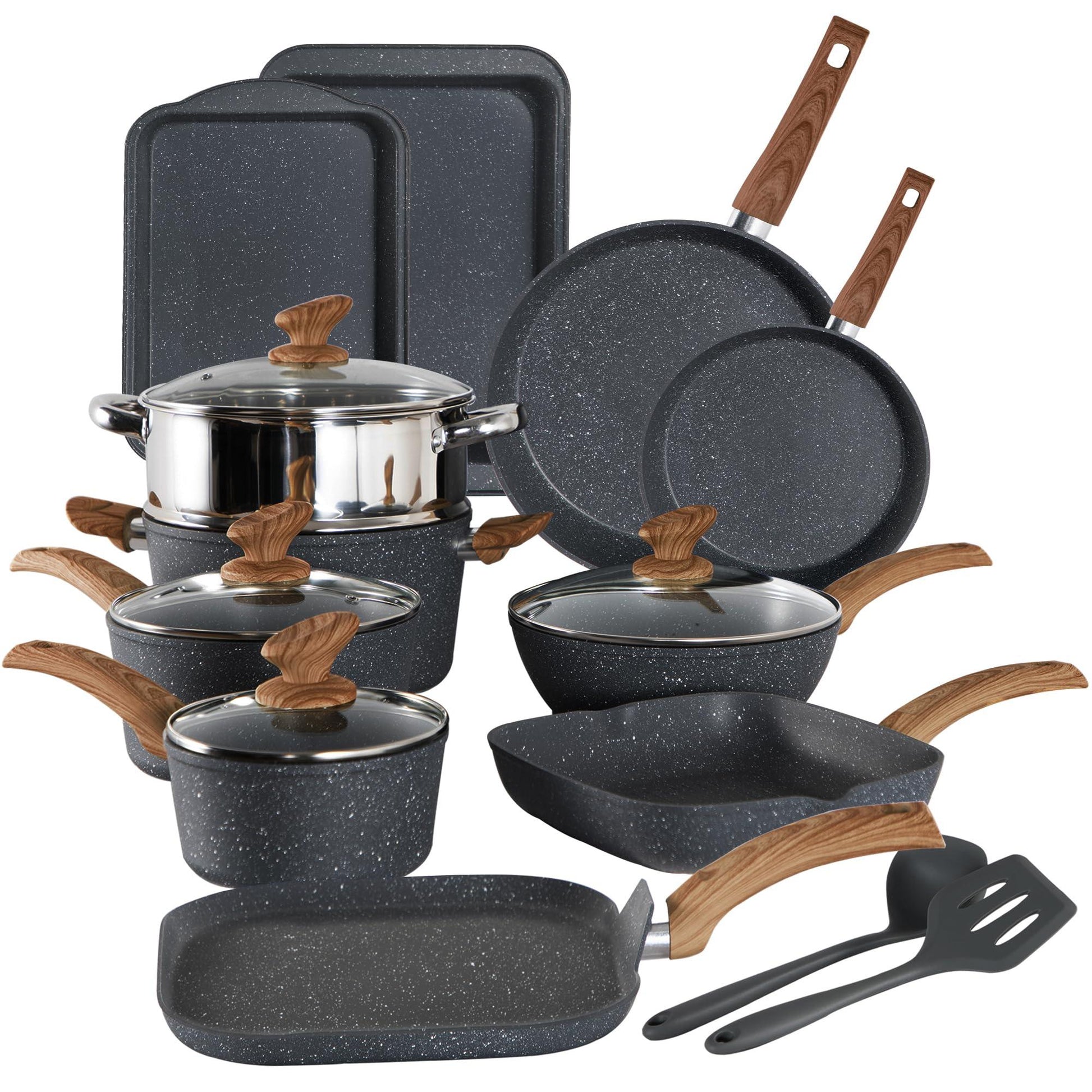 Kitchen Academy Induction Cookware Set-17 Piece Non-stick Cooking Pan Set, Black Granite Pots and Pans Set - CookCave