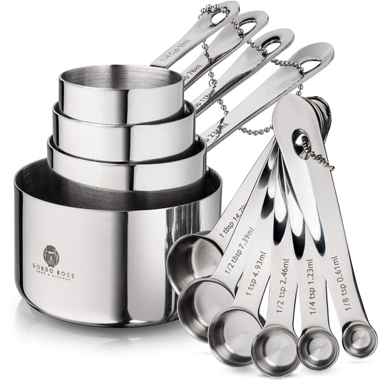 Stainless Steel Measuring Cups And Spoons Set - Heavy Duty, Metal Kitchen Measuring Set For Cooking And Baking Food For Dry Ingredients - Stackable Nesting Measuring Cups - Gordo Boss Measuring Spoons - CookCave
