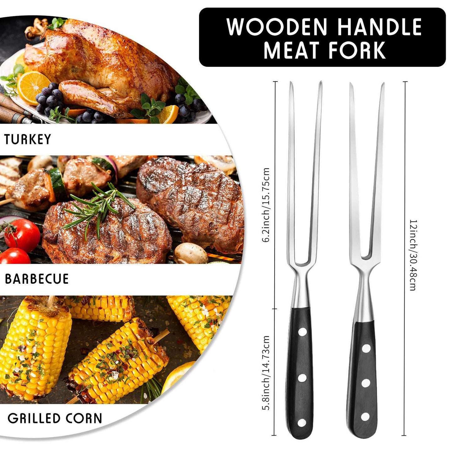 2 Pieces Carving Forks 12 Inch Stainless Steel Meat Fork Barbecue Fork Steak Fork for Kitchen Roast Grilling (Round Handle, Square Handle) - CookCave