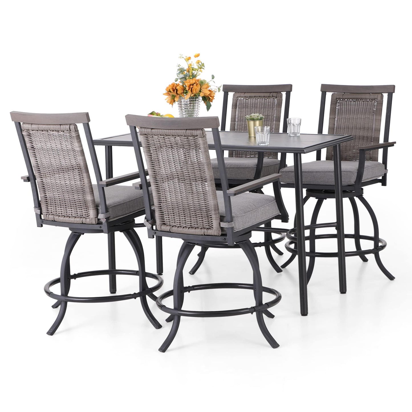 PHI VILLA 5 PCS Outdoor Counter Height Table and Chairs,Swivel Bar Chairs with Grey Cushion and Wider Seats,Rectangular Metal bar Table for All Weather,Patio High Dining Set for Indoor,Garden,Yard - CookCave