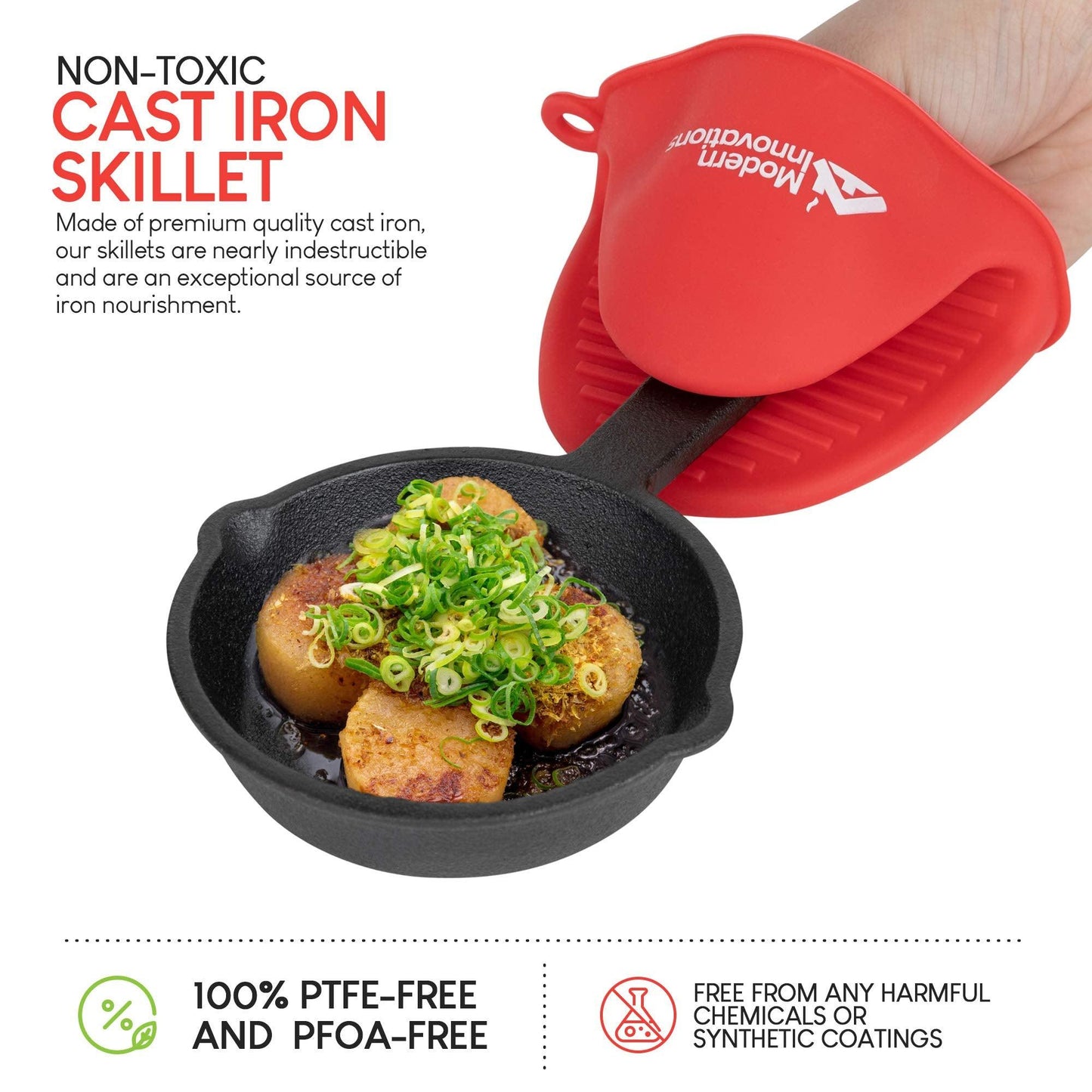 Modern Innovations Mini Black Cast Iron Skillet Set with Silicone Mitt (4 Count) - 3.5 Inch Pans, Pre Seasoned Small Skillets for Baked Cookie/Brownie or Cooked Eggs - CookCave