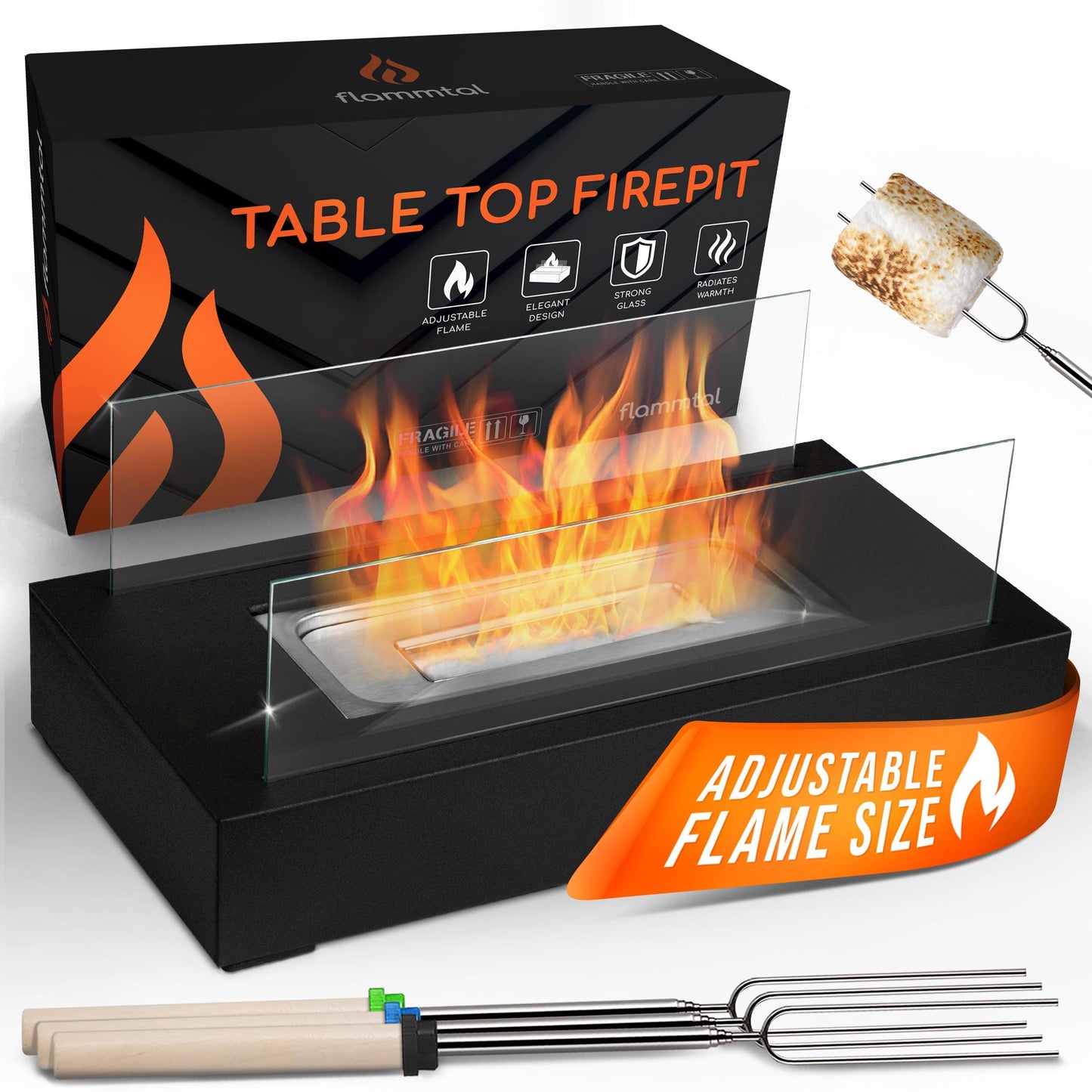 Flammtal Ethanol Tabletop Fire Pit - 3h Burn Time, Portable Indoor & Outdoor S'mores Maker with 4 Roasting Sticks and Adjustable Flames - CookCave