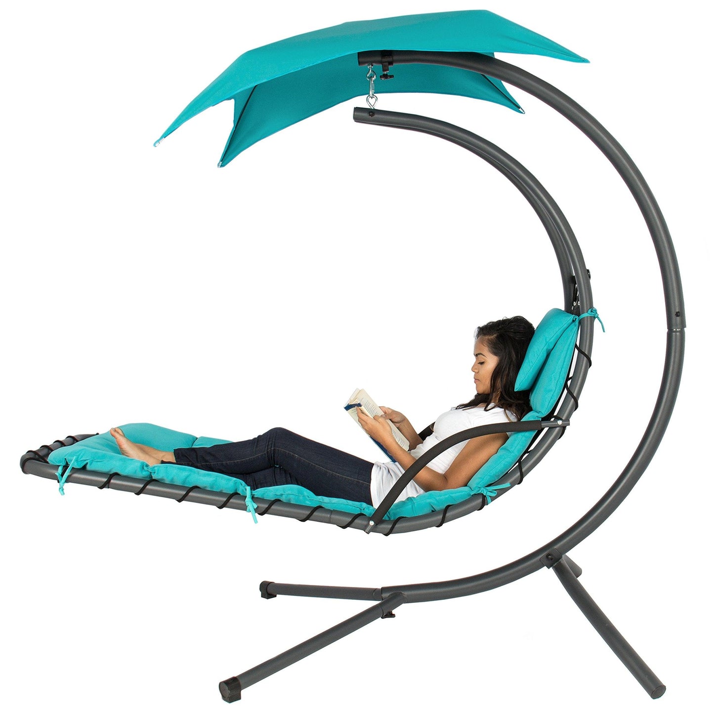 Best Choice Products Outdoor Hanging Curved Steel Chaise Lounge Chair Swing w/Built-in Pillow and Removable Canopy - Teal - CookCave