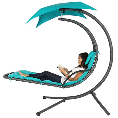 Best Choice Products Outdoor Hanging Curved Steel Chaise Lounge Chair Swing w/Built-in Pillow and Removable Canopy - Teal - CookCave
