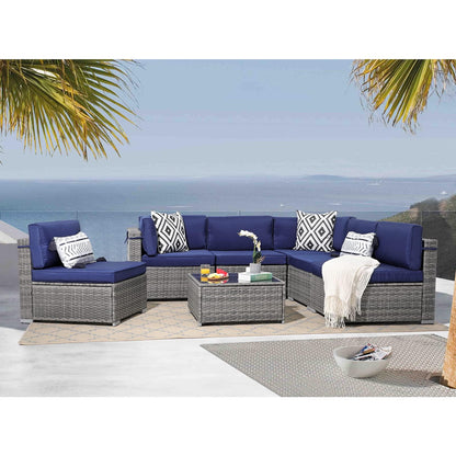 Patiorama 7 Pieces Outdoor Patio Furniture Set, All Weather Grey PE Wicker Rattan Sectional Conversation Set, Porch Garden W/Built-in Glass Table, Seat Clips, Navy Blue Cushions - CookCave