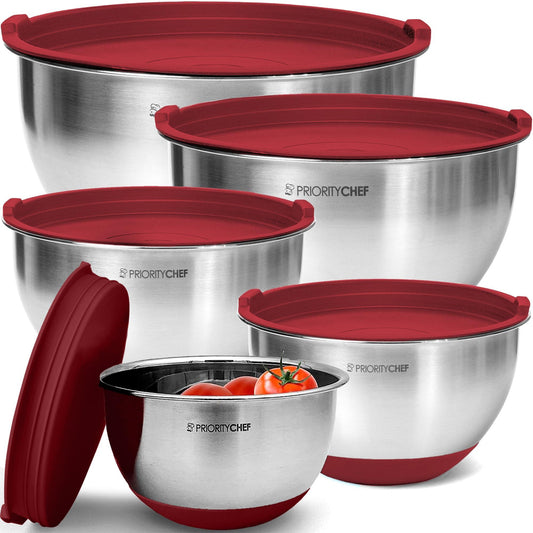 Priority Chef Premium Mixing Bowls With Airtight Lids Set, Thicker Stainless Steel Mixing Bowl Set, Large Prep Metal Bowls with Lids, Nesting Bowls for Kitchen, 1.5/2/3/4/5 Qrt, Red - CookCave