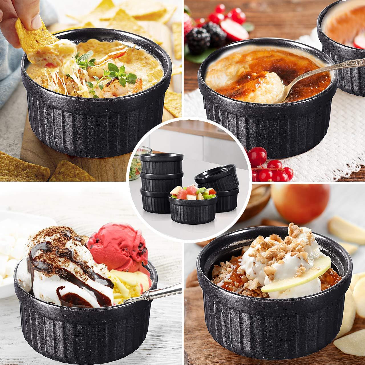 Yachi Black Souffle Ramekins: 4oz 6 Pieces Ceramic Baking Ramekin Set Oven Safe Stoneware Bakeware Serving for Sauces Dipping | Onion Soup | Lava Cake | Flan | Creme Brulee | Pudding | Mini Custard - CookCave