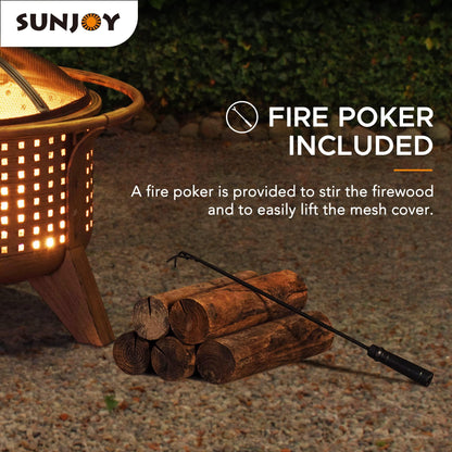 Sunjoy 30 in. Outdoor Wood-Burning Fire Pit, Patio Woven Round Steel Firepit Large Fire Pits for Outside with Spark Screen and Poker - CookCave