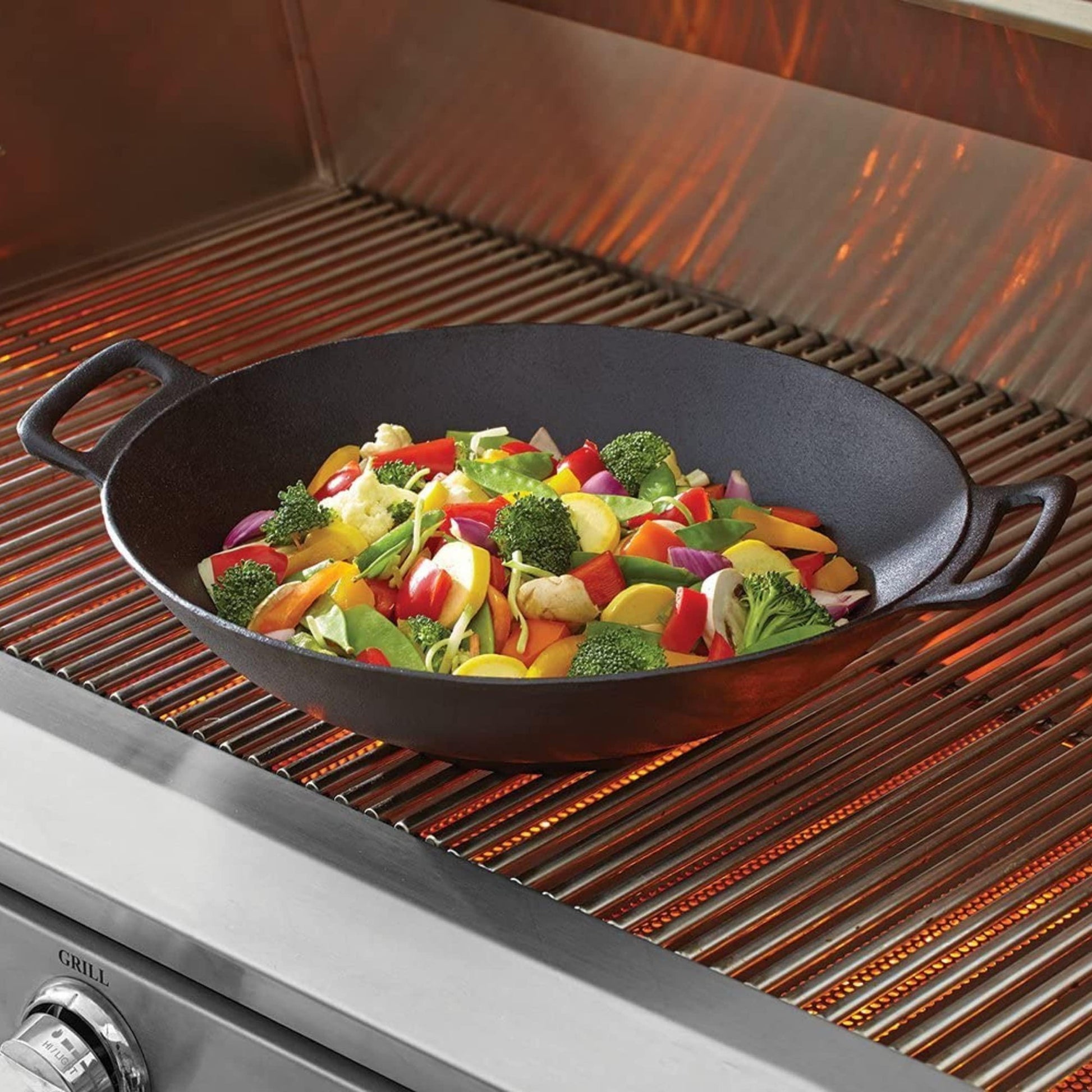 Jim Beam 12'' Pre Seasoned Heavy Duty Construction Cast Iron Grilling Wok, Griddle and Stir Fry Pan - CookCave