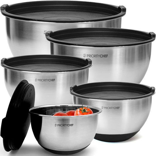 Priority Chef Premium Stainless Steel Mixing Bowls With Airtight Lids - Thick Metal Nesting Bowls for Kitchen, 1.5/2/3/4/5 Quart, Black - CookCave