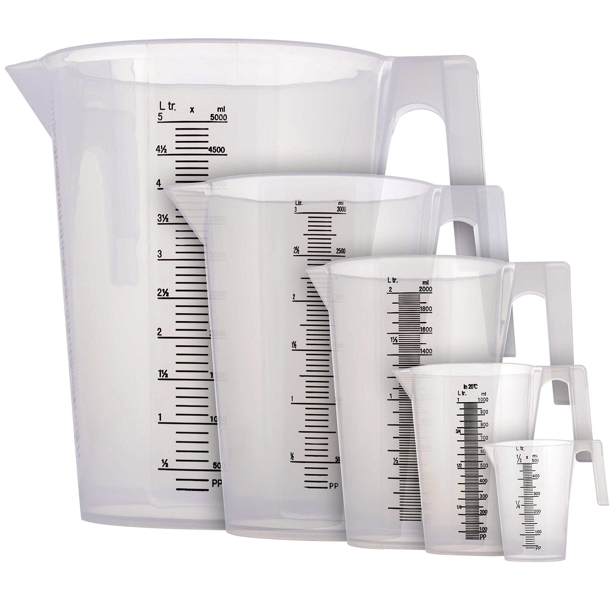 TCP Global 5 Piece Set of Plastic Graduated Measuring and Mixing Pitchers - 500, 1000 Quart, 2000, 3000, 5000 ml Gallon Sizes - Pouring Cups, Measure & Mix Paint, Resin, Epoxy, Kitchen Cooking Baking - CookCave