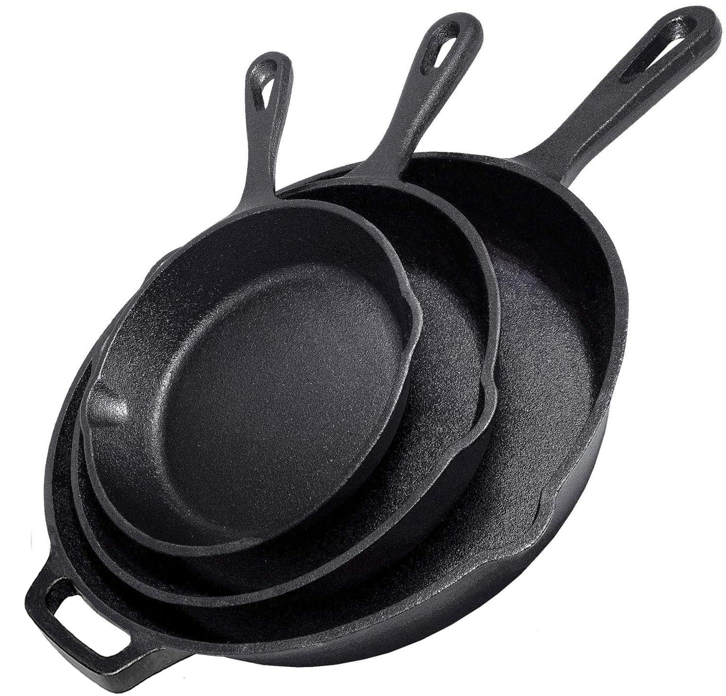 Simple Chef Cast Iron Skillet 3-Piece Set - 12", 10", 8" Heavy Duty Pans - Professional Restaurant Chef Quality Pre-Seasoned Pan Cookware Set - CookCave