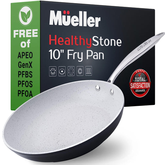 Mueller 10-Inch Non Stick Frying Pans, No PFOA or APEO, Heavy Duty German Stone Coating Cookware, Aluminum Body, EverCool Stainless Steel Handle, Black - CookCave