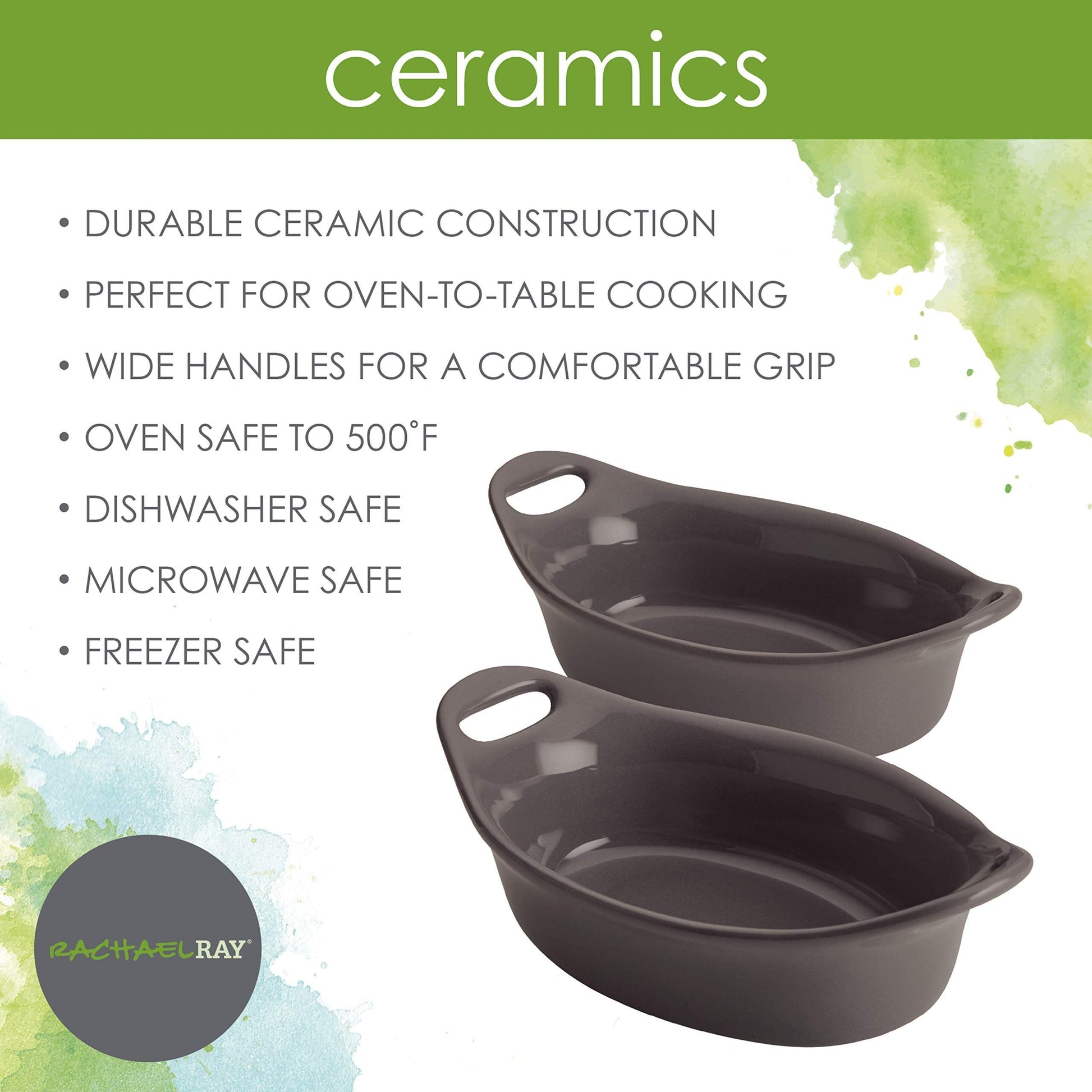 Rachael Ray Solid Glaze Ceramics Au Gratin Bakeware / Baker Set, Oval - 2 Piece, Gray - CookCave