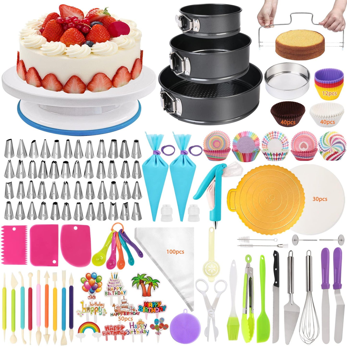 LotFancy Cake Decorating Kit, 469Pcs, Cake Baking Supplies with Rotating Turntable, Springform Pans, Piping Bags and Tips Set, Icing Spatula, Baking Tools Set for Beginners and Cake Lovers - CookCave