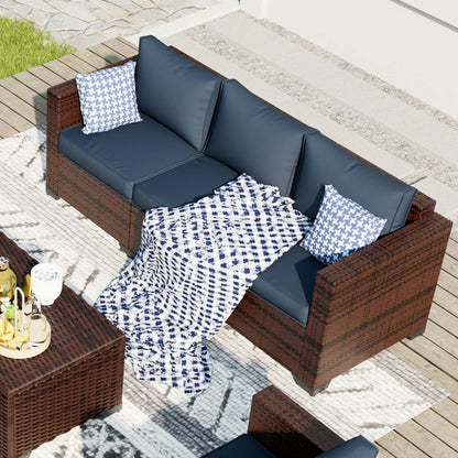 UDPATIO 3-Seat Patio Wicker Sofa, Outdoor Rattan Sectional Couch Furniture Steel Frame w/Furniture Cover Non-Slip Cushion and Deep Seating High Back, Navy - CookCave