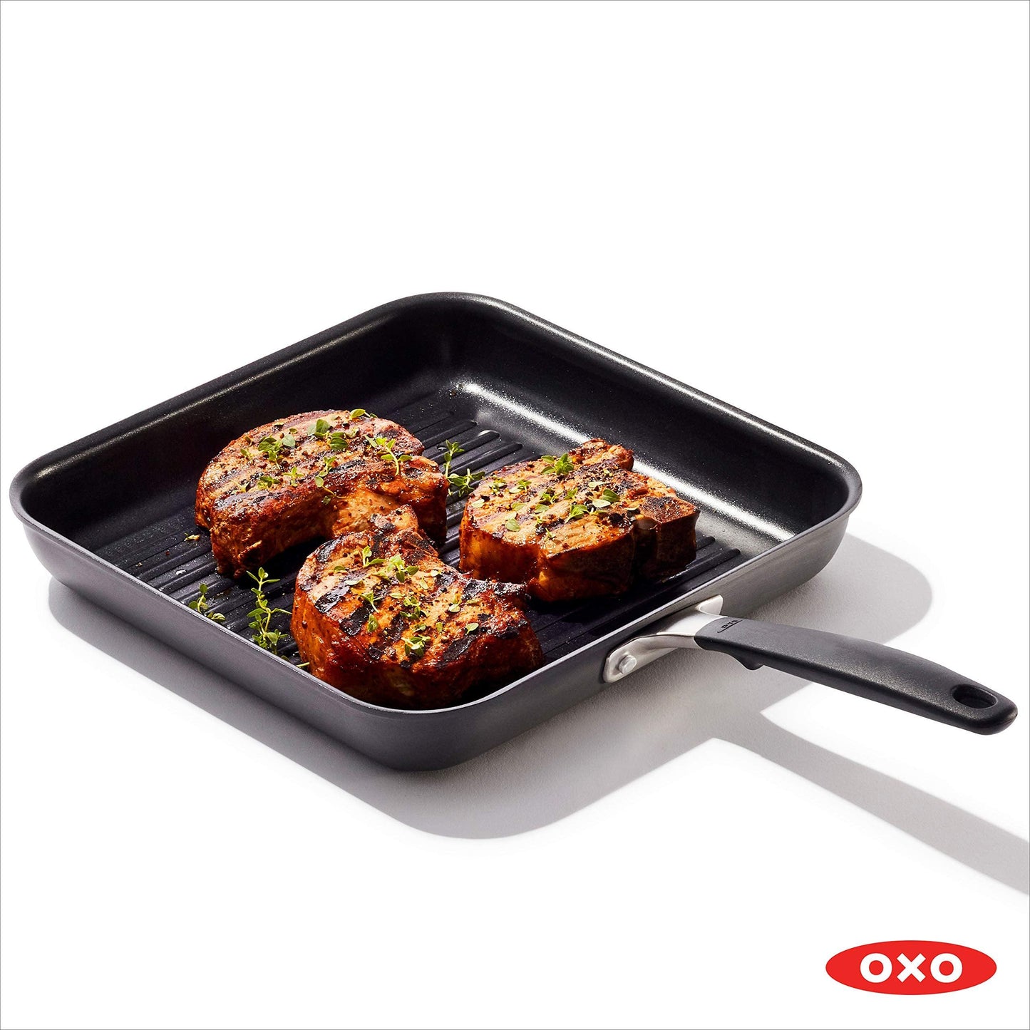 OXO Good Grips 11” Square Grill Pan, 3-Layered German Engineered Nonstick Coating, Stainless Steel Handle with Nonslip Silicone, Black - CookCave