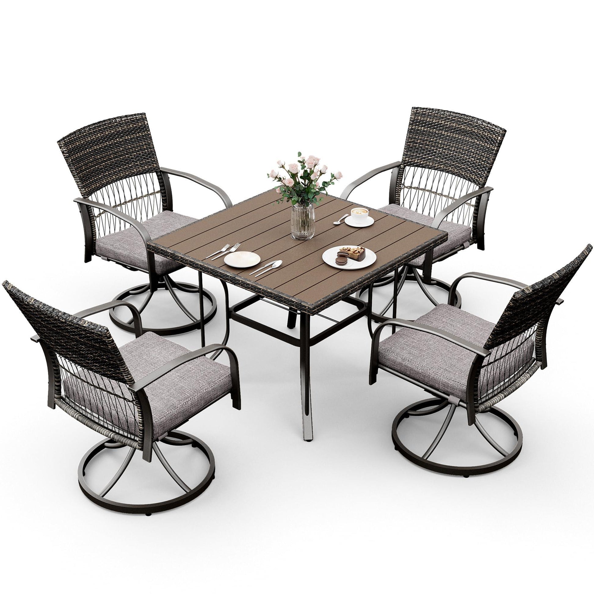 Pamapic 5 Piece Patio Dining Set for 4,Outdoor Wicker Furniture Set for Backyard Garden Deck Poolside with 4 Cushions Swivel Rocker Chairs,Square Plastic-Wood Table Top, Removable Cushions(Gray) - CookCave