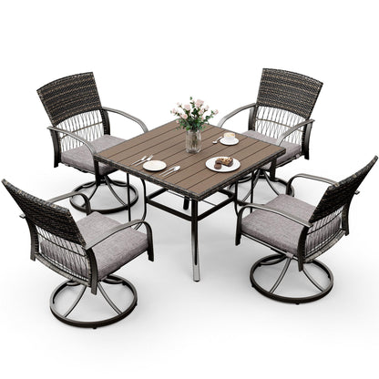 Pamapic 5 Piece Patio Dining Set for 4,Outdoor Wicker Furniture Set for Backyard Garden Deck Poolside with 4 Cushions Swivel Rocker Chairs,Square Plastic-Wood Table Top, Removable Cushions(Gray) - CookCave