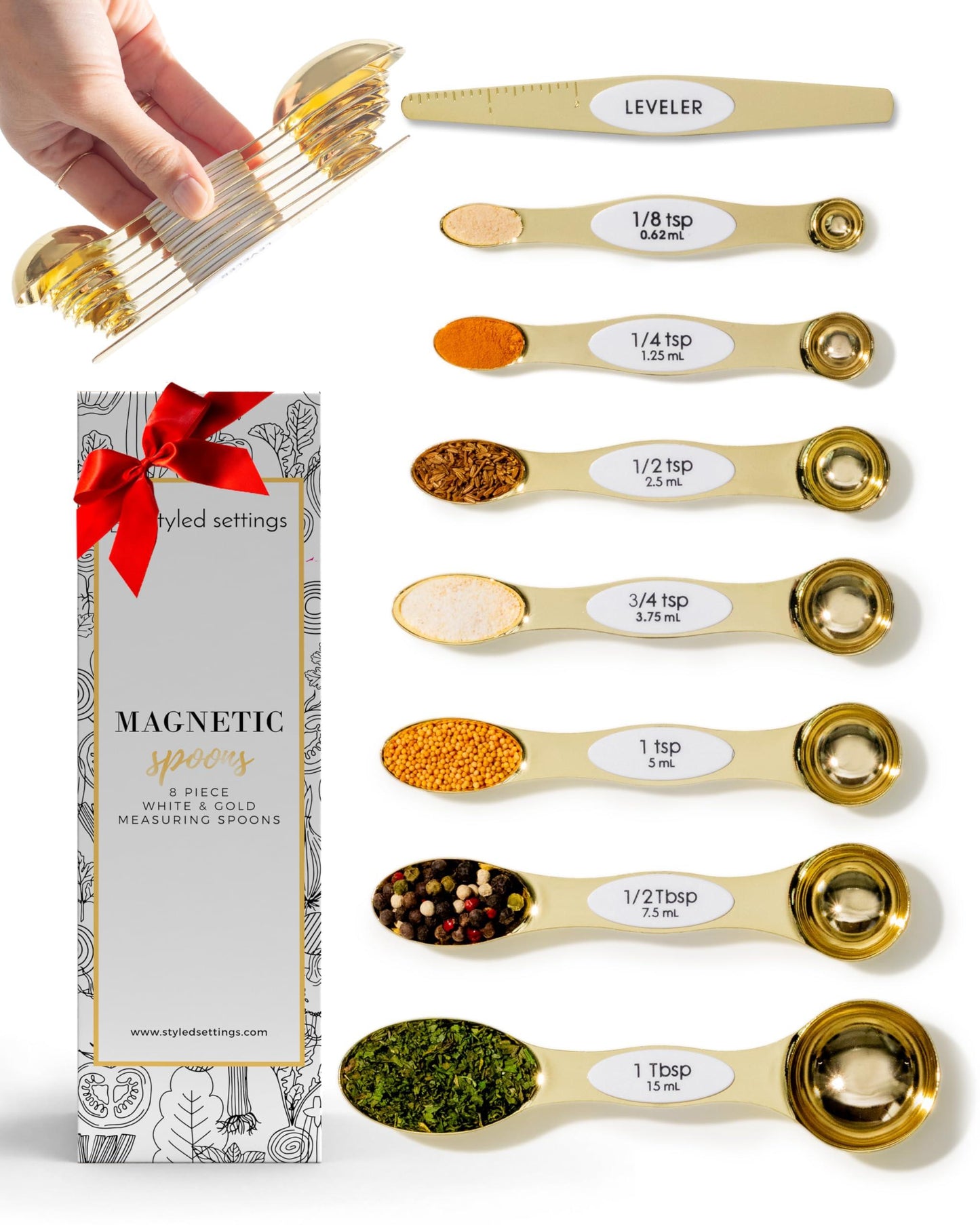 White & Gold Measuring Spoons Set, Stainless Steel Measuring Spoons -Magnetic Measuring Spoons Set- Metal Measuring Spoons- Cute Measuring Spoons Set for Cooking & Baking -Gold Kitchen Accessories - CookCave