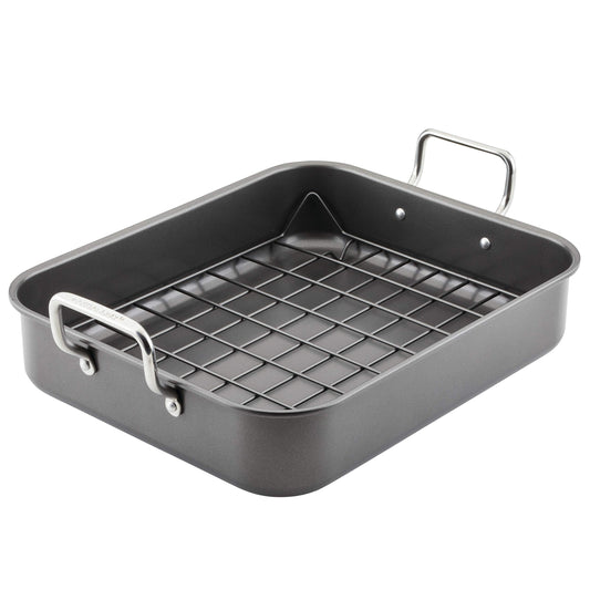 Rachael Ray Bakeware Nonstick Roaster/Roasting Pan with Reversible Rack, 16.5 Inch x 13.5 Inch, Gray - CookCave