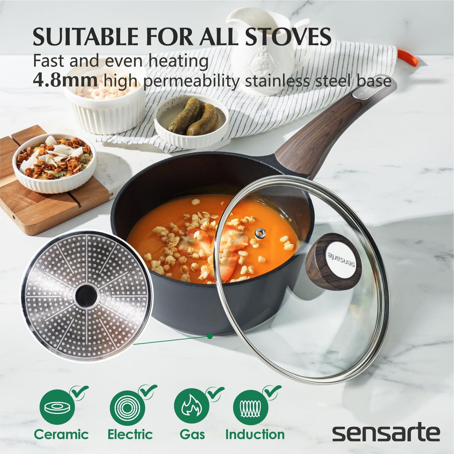 SENSARTE Pots and Pans Set Nonstick, 14 Pcs Induction Kitchen Cookware Sets, Non-toxic Non Stick Cooking Set with Frying Pans Set & Saucepan, PFOA PFOS APEO Free, Black - CookCave