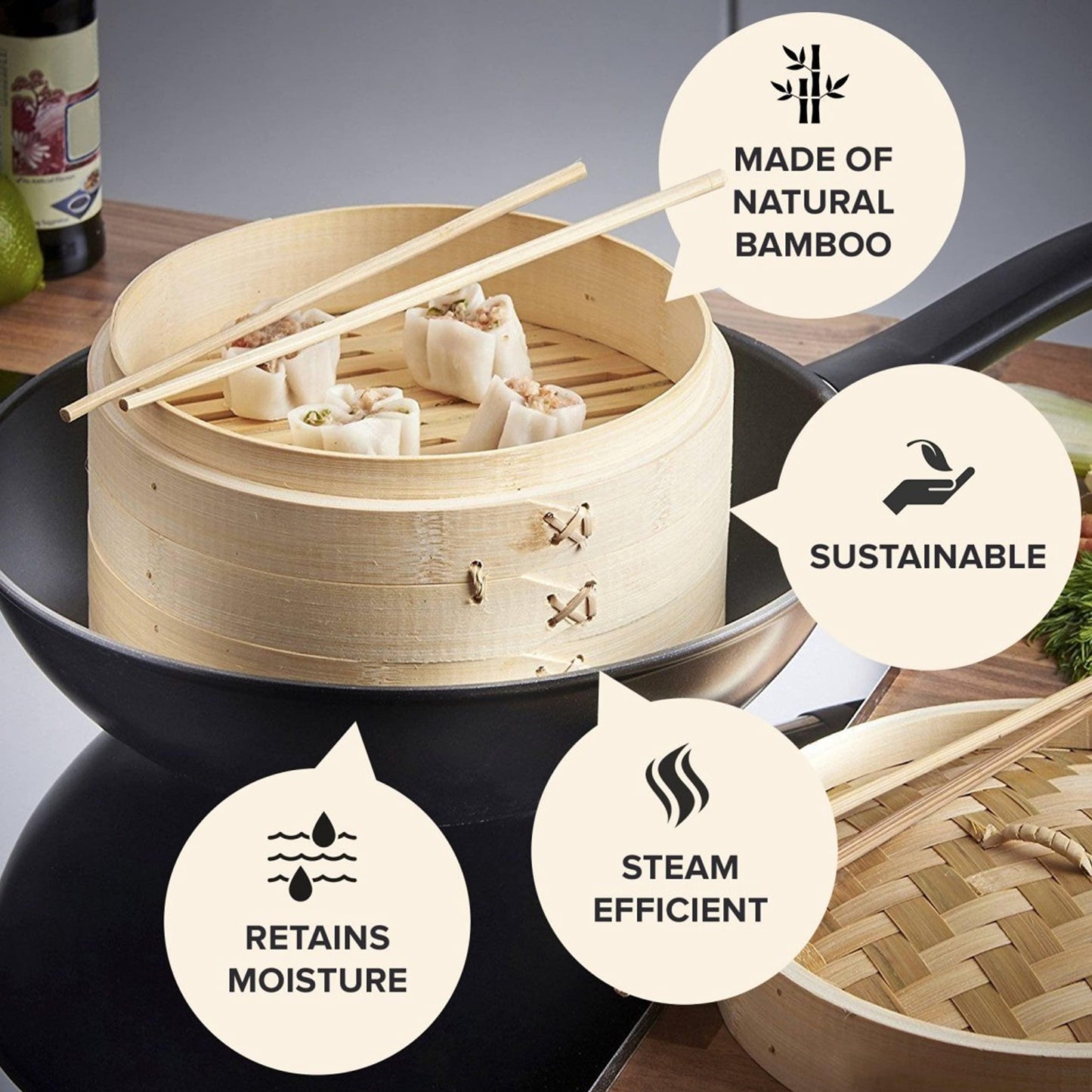 Prime Home Direct Bamboo Steamer Basket 10-inch | 2-Tier Steamer for Cooking | 50 Liners, Chopsticks & Sauce Dish | Dumpling Steamer, Food Steamer Baskets for Cooking - Rice & Vegetable Steamer Pot - CookCave