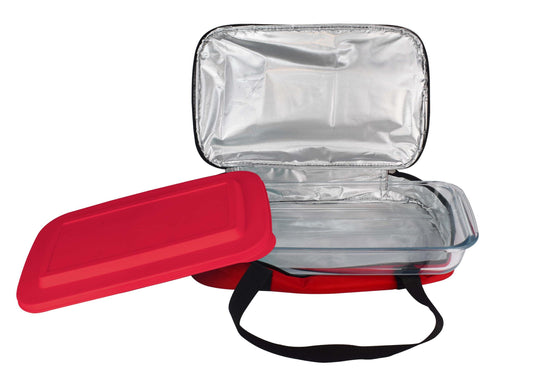 Le Regalo HW1236 Glass Casserole with Insulated Bag, Ideal for Picnic, Potluck, Hiking & Beach Trip-Retains Hot and Cold Temperature of Food, Overall13.75"x8.5"x2.75"- Red - CookCave