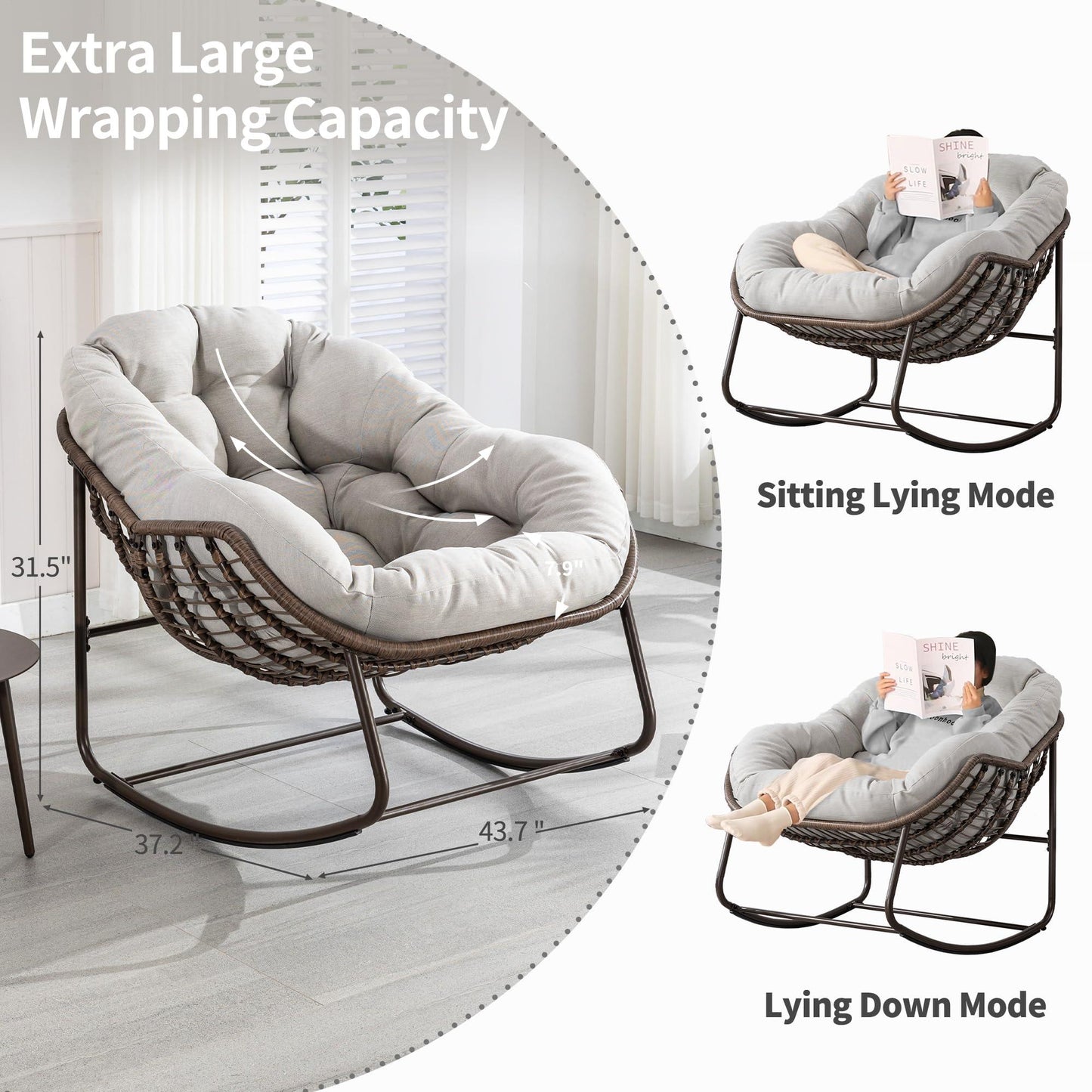 Villeston Outdoor Papasan Rocking Chair - Oversized Comfy Patio Chair Indoor Egg Royal Rattan Rocking Chair with Cushion for Front Porch Lounge Lawn Bedroom Living Room (Beige Grey) - CookCave