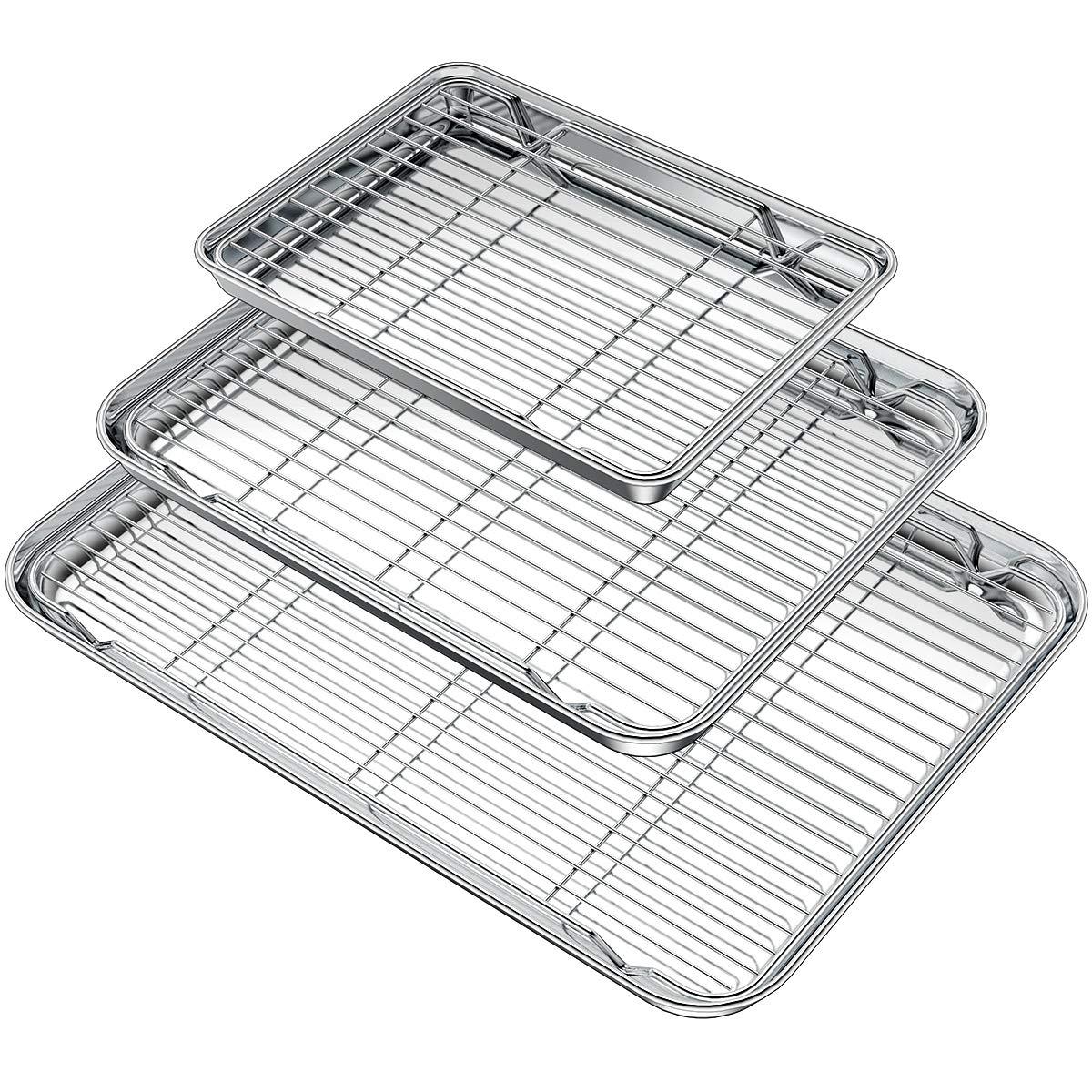 Wildone Baking Sheet with Rack Set (3 Pans + 3 Racks), Stainless Steel Baking Pan Cookie Sheet with Cooling Rack, Non Toxic & Heavy Duty & Easy Clean - CookCave