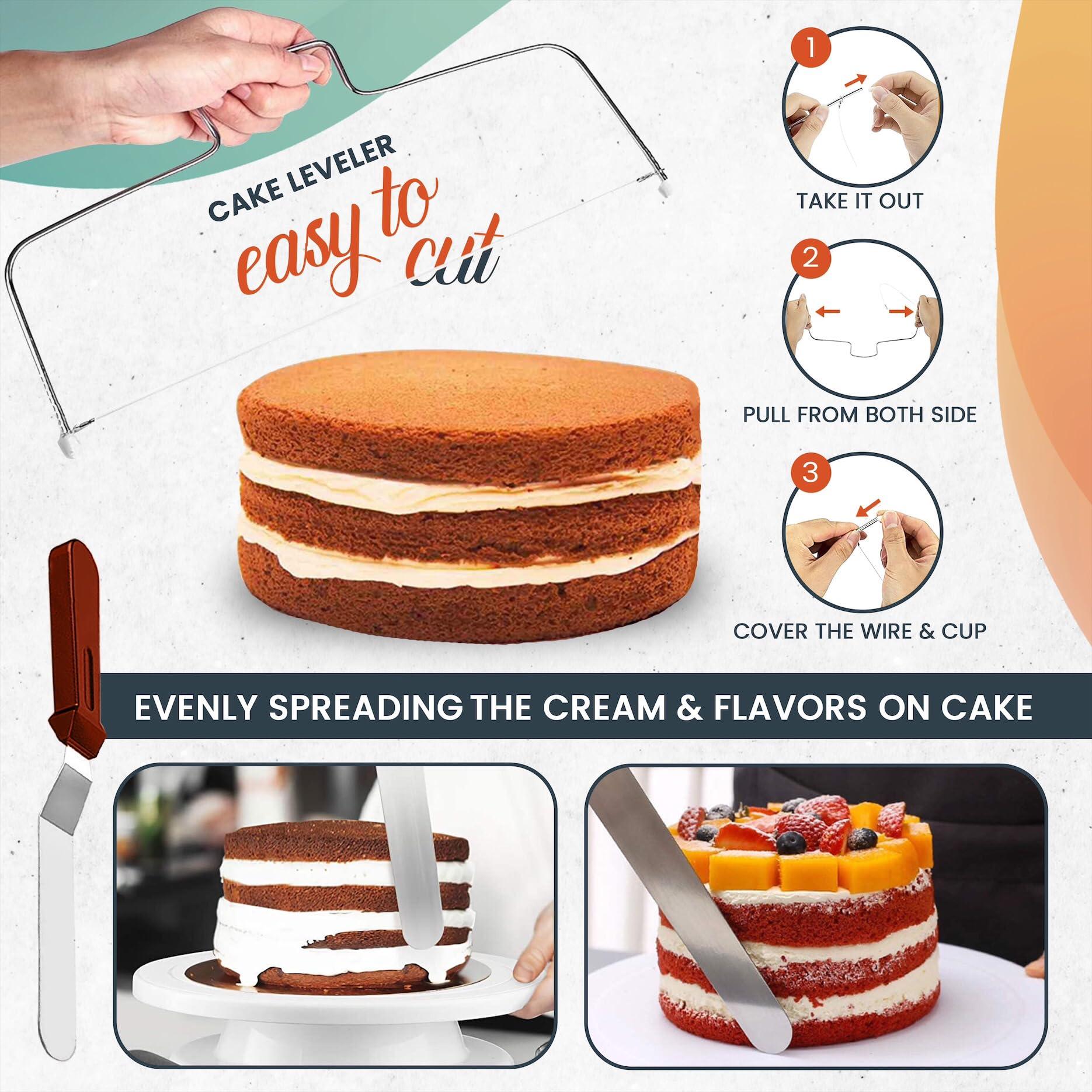 RFAQK 100PCs Cake Pan Sets for Baking + Cake Decorating Kit: 3 Non-Stick Springform Pans Set (4, 7, 9 inches), Piping Tips, Cake Leveler – Multi-functional Leak-Proof CheeseCake Pan & eBook - CookCave