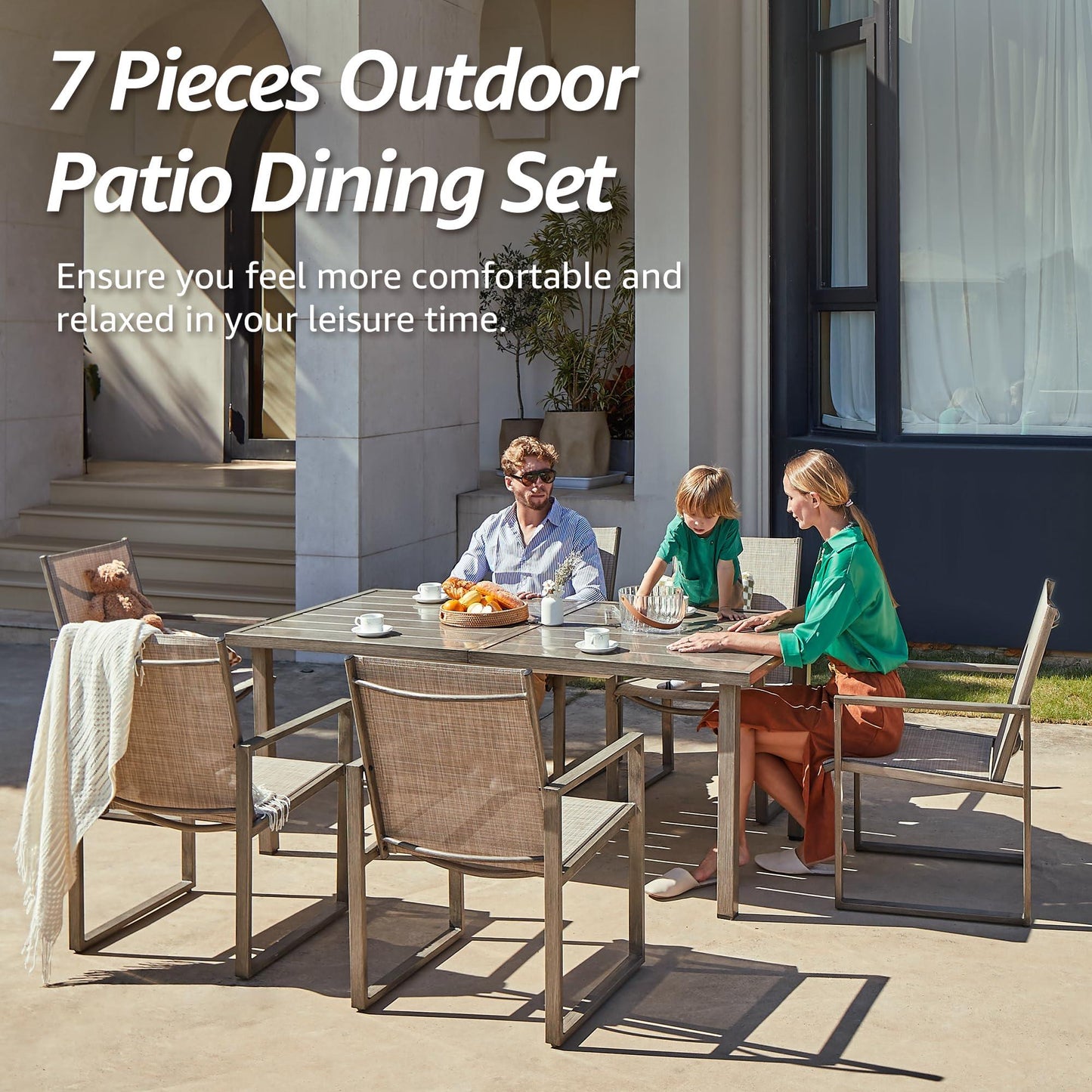 NATURAL EXPRESSIONS 7 Pieces Patio Dining Set Outdoor Furniture,70’’ Dining Table and 6 Sling Chairs with 1.65'' Umbrella Hole for Backyard Garden Poolside Porch - CookCave