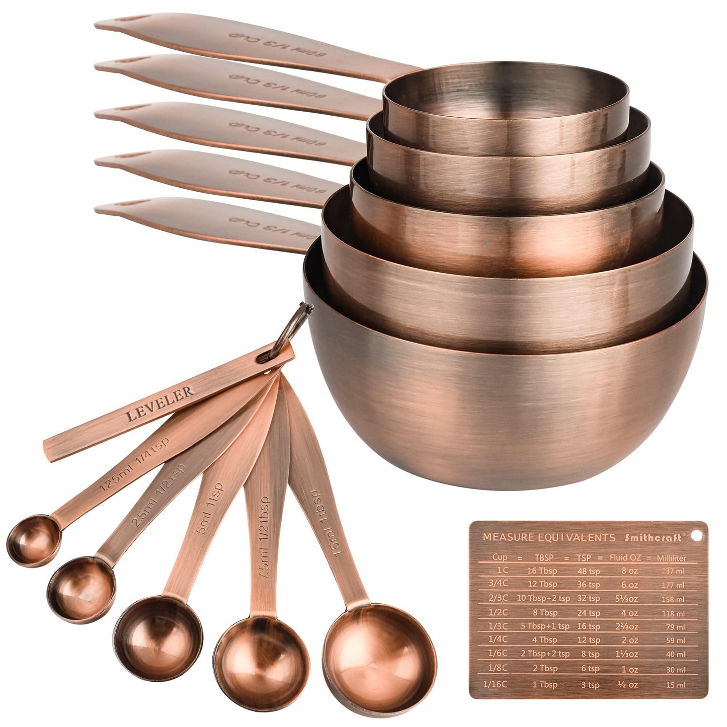 Smithcraft Measuring Cups and Spoons Set, 12 Pieces Measuring Cup Set, Stainless Steel Measuring Cups, Metal Copper Measuring Cups Spoons, Dry Kitchen Measure Cup Spoon & Leveler & Measure Equivalents - CookCave