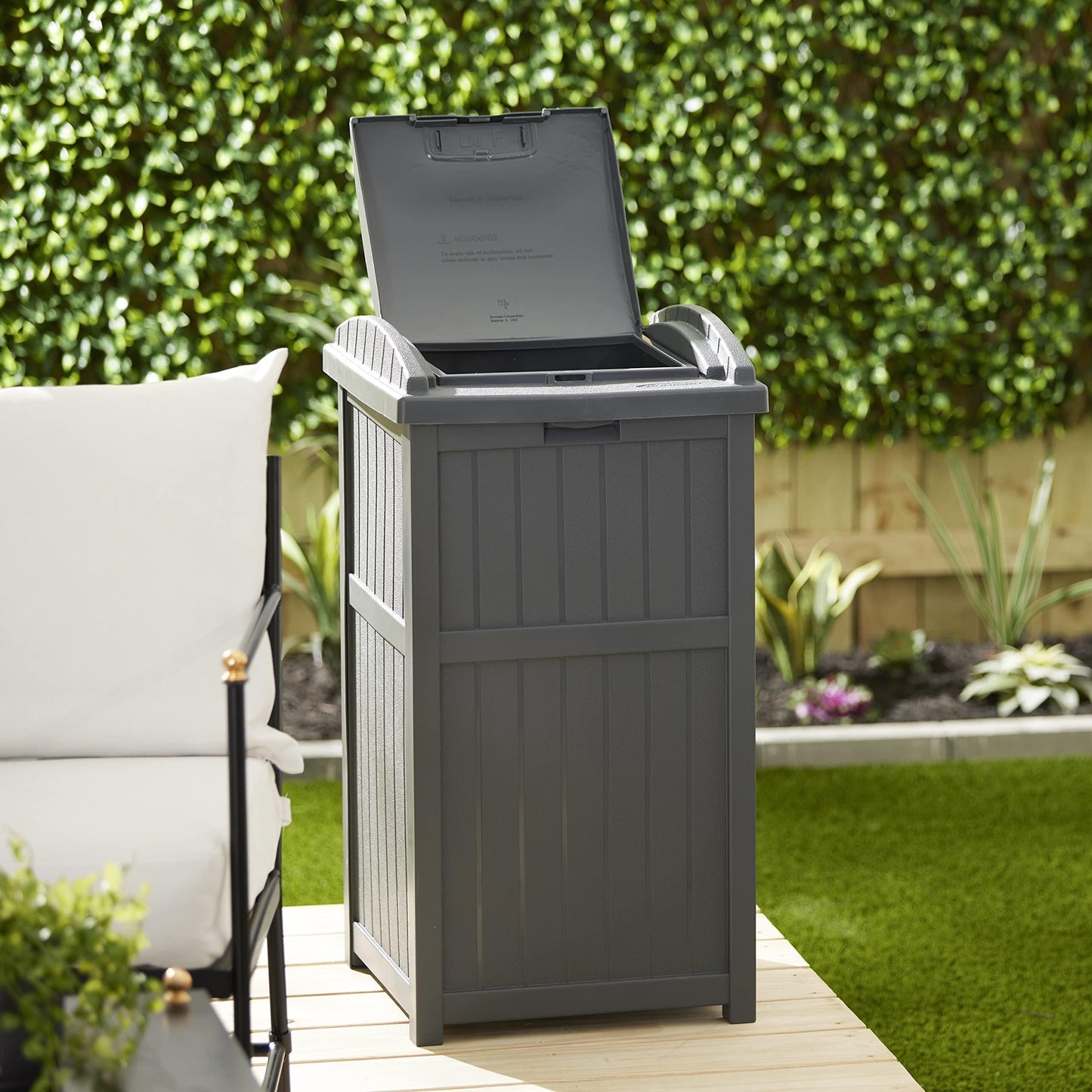 Suncast Trash Hideaway 33 Gallon Rectangular Garbage Trash Can Bin with Secure Latching Lid and Solid Bottom Panel for Outdoor Use, Cyberspace - CookCave