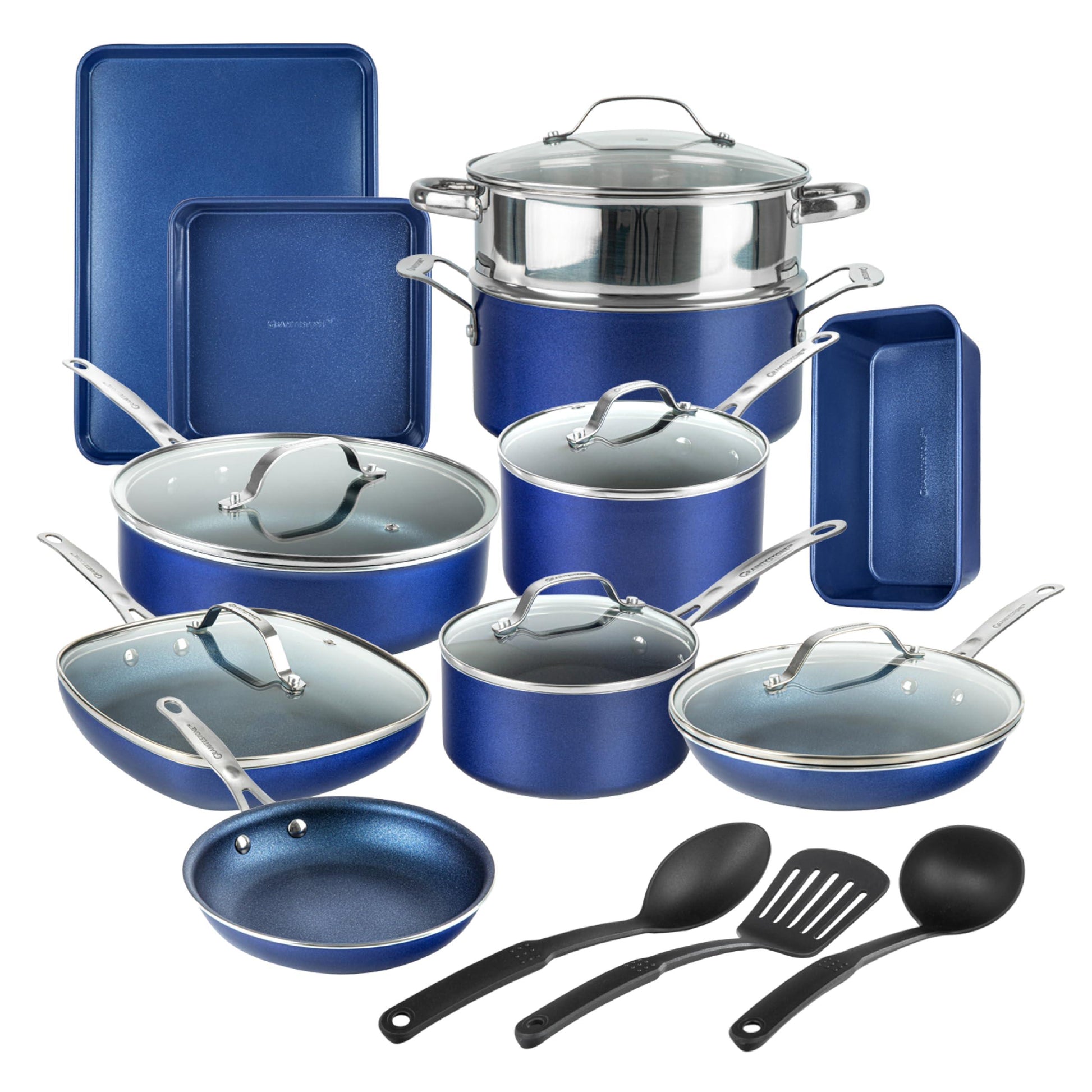 Granitestone 20 Pc Pots and Pans Set Non Stick Cookware Set, Kitchen Cookware Sets, Pot and Pan Set, Pot Set, Diamond Coated Nonstick Cookware Set with Lids+Utensils, Non Toxic, Dishwasher Safe, Blue - CookCave