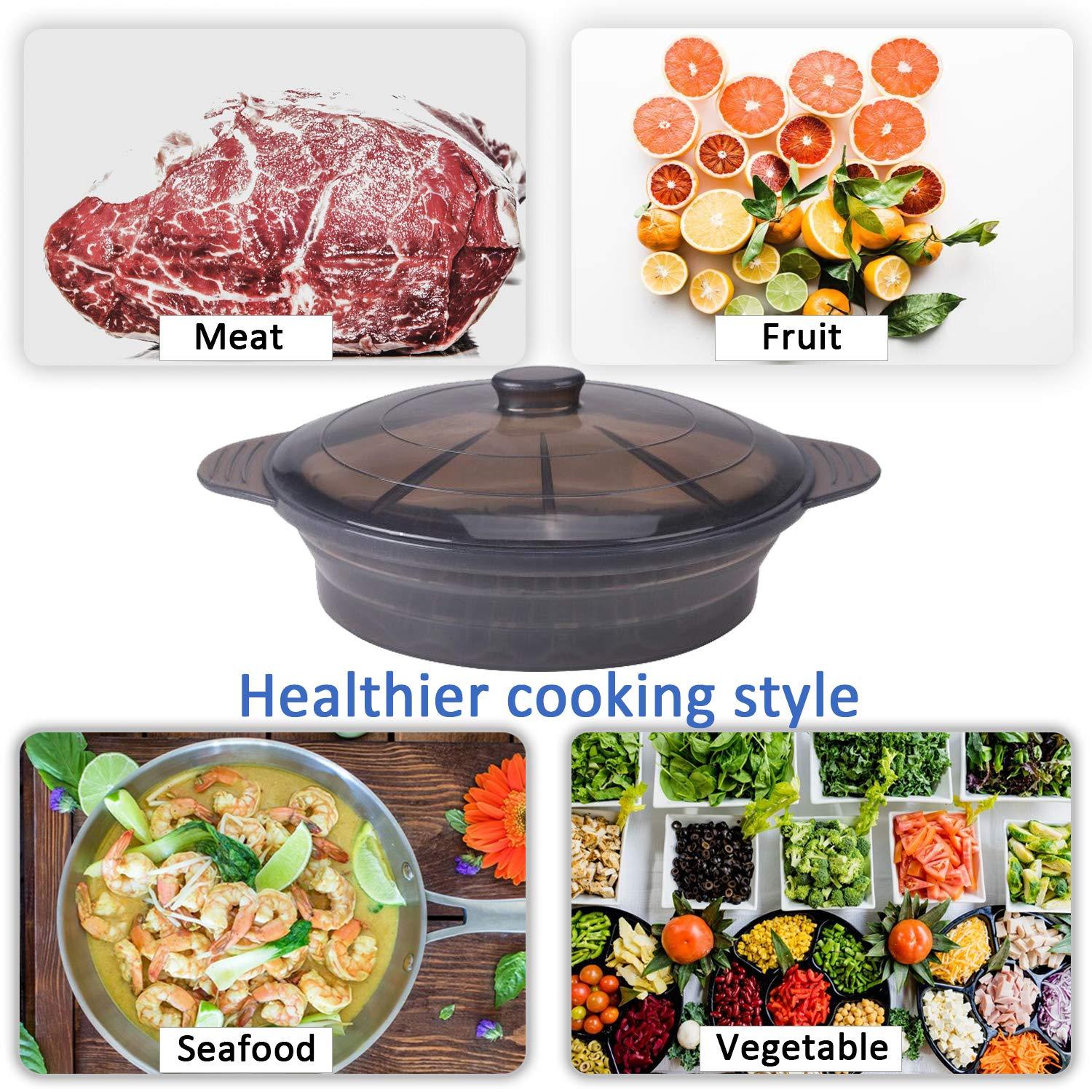 Microwave Steamer Cooker Collapsible Bowl-Silicone Steamer Cookware with Handle Lid for Vegetables Fish Prep Meal Food with Removable Rack BPA Free, Easy to Store, Freezer & Dishwasher Safe, Black - CookCave