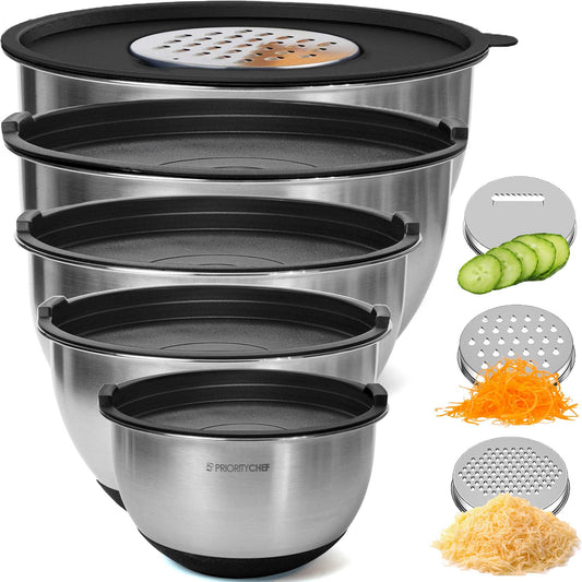 Priority Chef Stainless Steel Mixing Bowls with Lids Set, 3 Grater Attachments, Airtight Lids, Non-Slip Silicone Base Mixing Bowl Set, Large Prep Metal Mixing Bowls for Kitchen, Black - CookCave