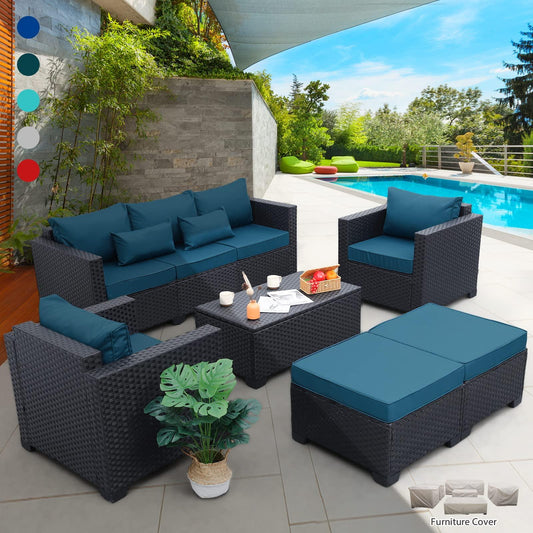 Rattaner Patio Furniture Set 6 Pieces Couch Outdoor Chairs Coffee Table Peacock Blue Anti-Slip Cushions and Waterproof Covers - CookCave