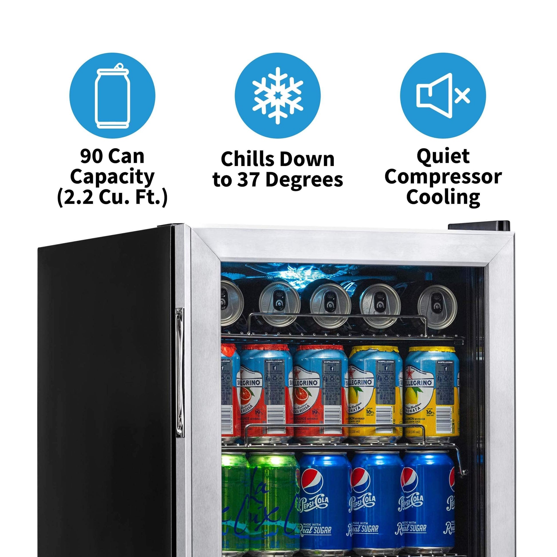 NewAir Beverage Refrigerator Cooler with 90 Can Capacity - Mini Bar Beer Fridge with Right Hinge Glass Door - Cools to 37F - Stainless Steel - CookCave