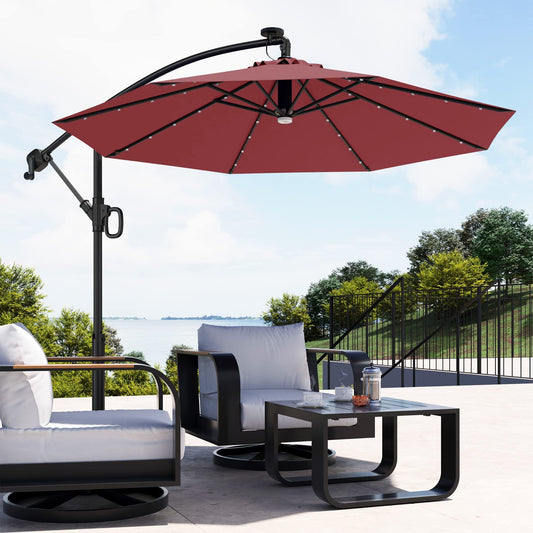 EAST OAK Patio Umbrella, 10 ft Outdoor Offset Umbrella with 8 Ribs, 40 LED Solar Lights and Crank, Aluminum Pole and UPF 50+ Fade Resistant for Garden, Deck and Poolside, Wine Red - CookCave