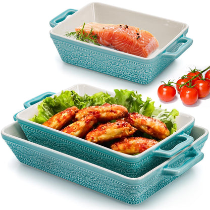 Hacaroa Set of 3 Ceramic Baking Dishes, Rectangular Bakeware with Handles, Elegant Casserole Dish Set Lasagna Pan for Baking, Cooking, Cake Dinner, Banquet, Lake Blue, 3 Sizes - CookCave