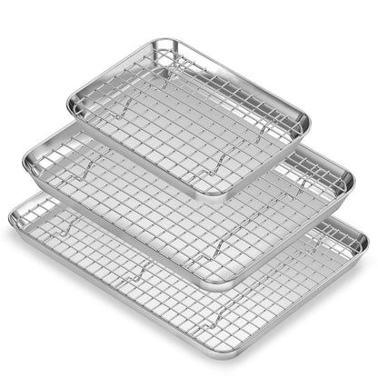 Baking Sheet with Wire Rack Set (3 Baking Pans + 3 Cooling Racks), Fire More Stainless Steel Cookie Sheets for Baking, Sheet Pan & Baking Rack Set, Nonstick & Heavy Duty & Easy Clean- 9/12/16 Inches - CookCave