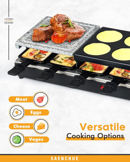 Saenchue Raclette Table Grill - Indoor Electric Grill Griddle - Nonstick Extra Large Reversible 4-In-1 Outdoor Dishwasher Safe with Cheese 12 Paddles 12 Spatulas for 12 Person, FD-12 - CookCave